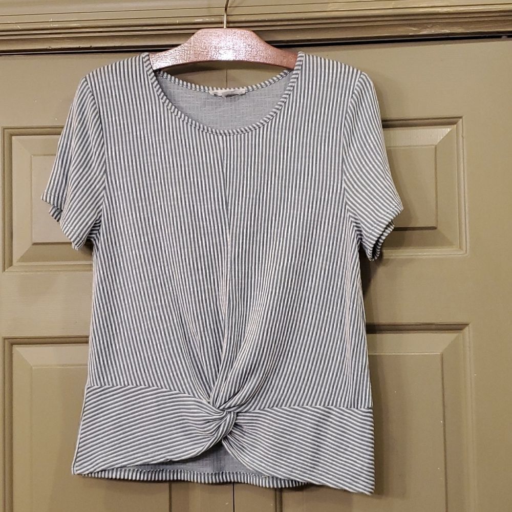 Exclusive One green and white striped twist front top